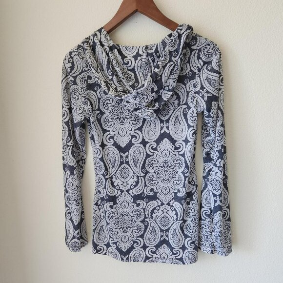 AERODYNAMICS paisley long sleeve hoodie navy and white V-neck pullover Sz S Boho - Picture 2 of 8
